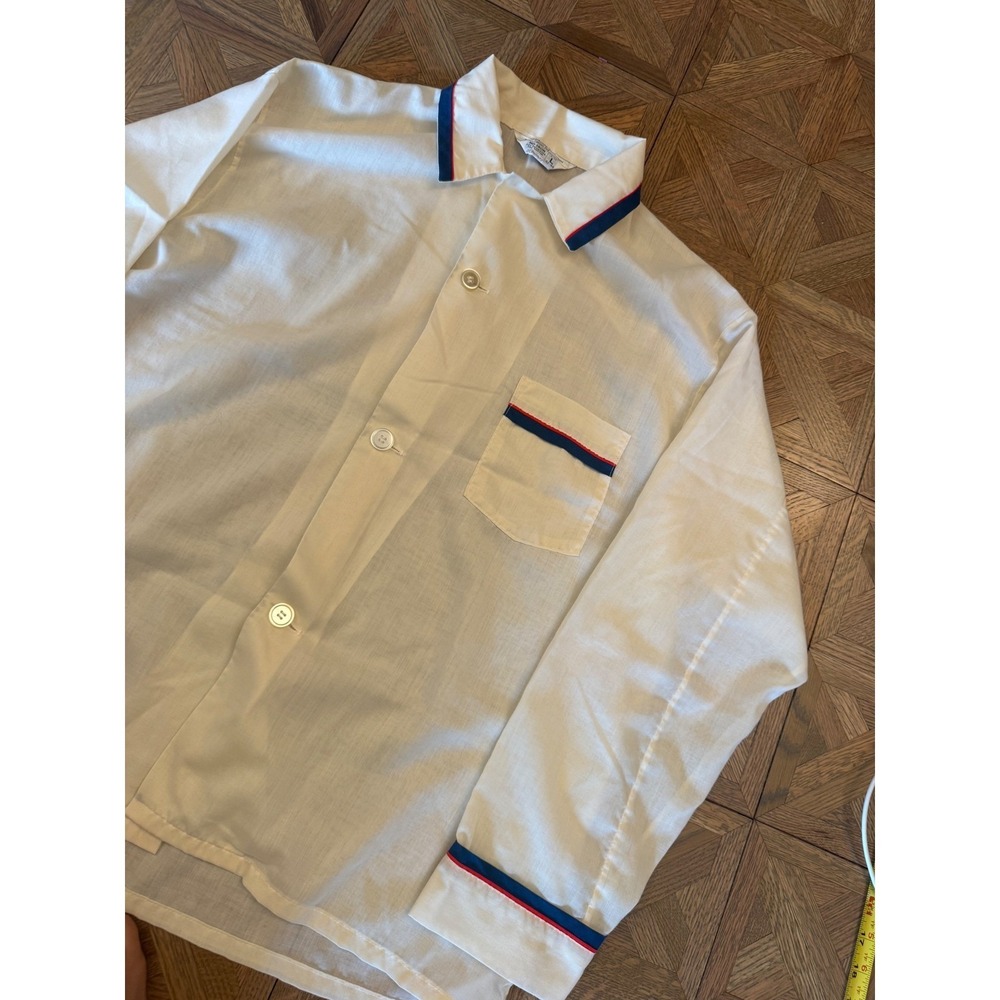 Vintage JCPenney Mens White Pajama Top Red Blue Trim Button Up Large 42-44‎ 12